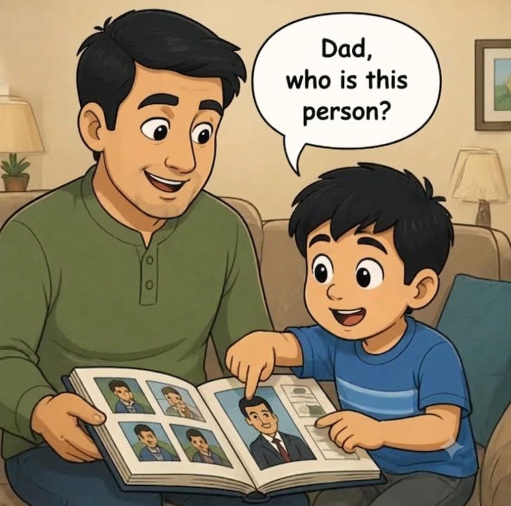 Father and son sitting on sofa with photo album